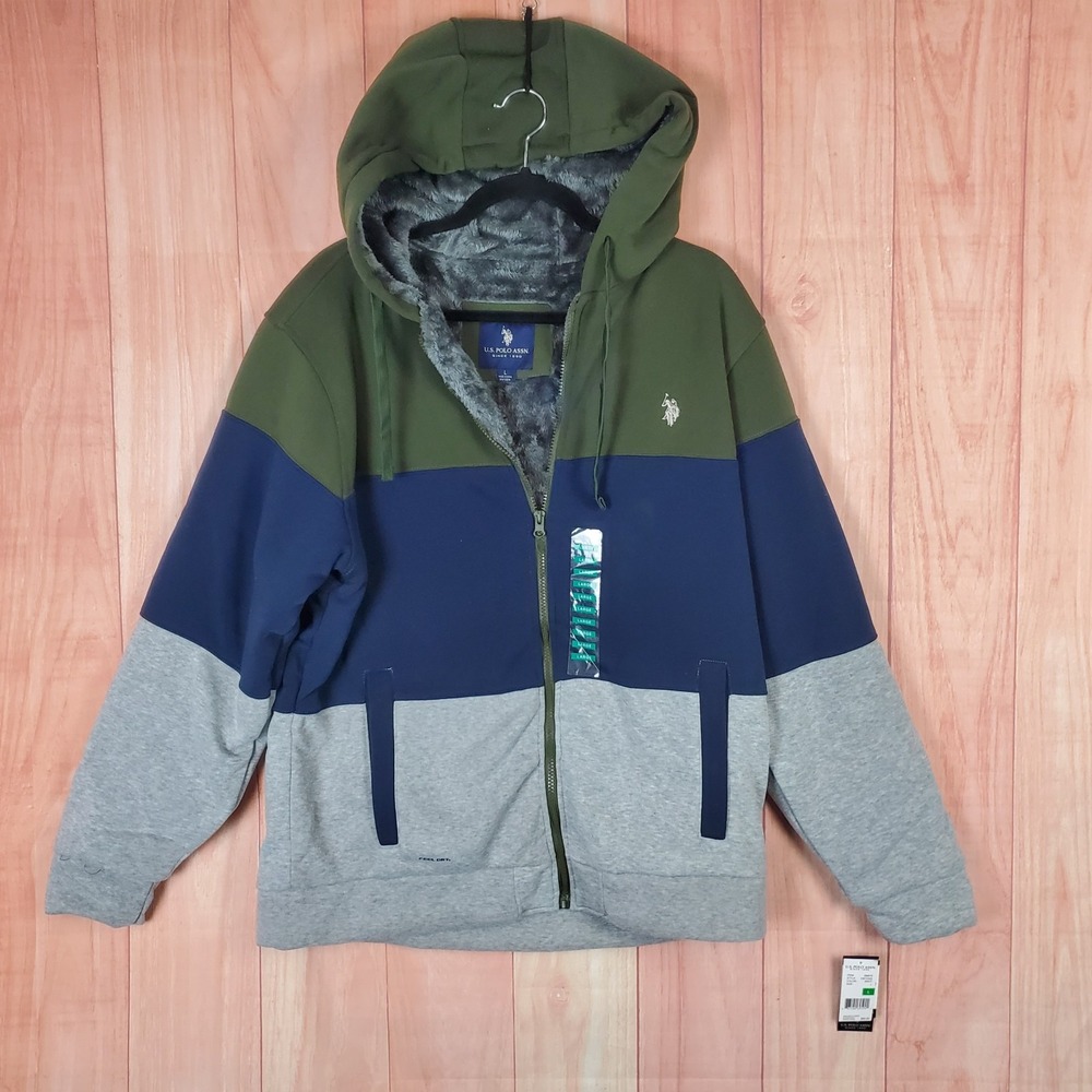 US Polo Assn Full Zip Sweatshirt Mens Sz Large Green Hooded Heavy Sherpa Lined